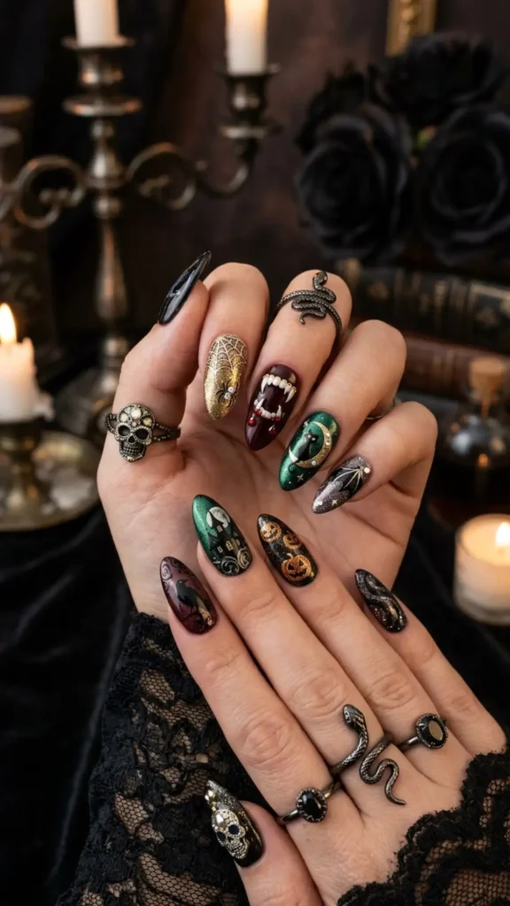 Glamorous almond coffin stiletto Halloween nail shapes