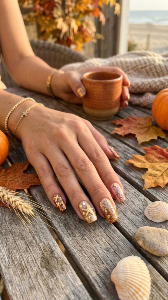  Glitter gold starfish nails with elegant coastal accents