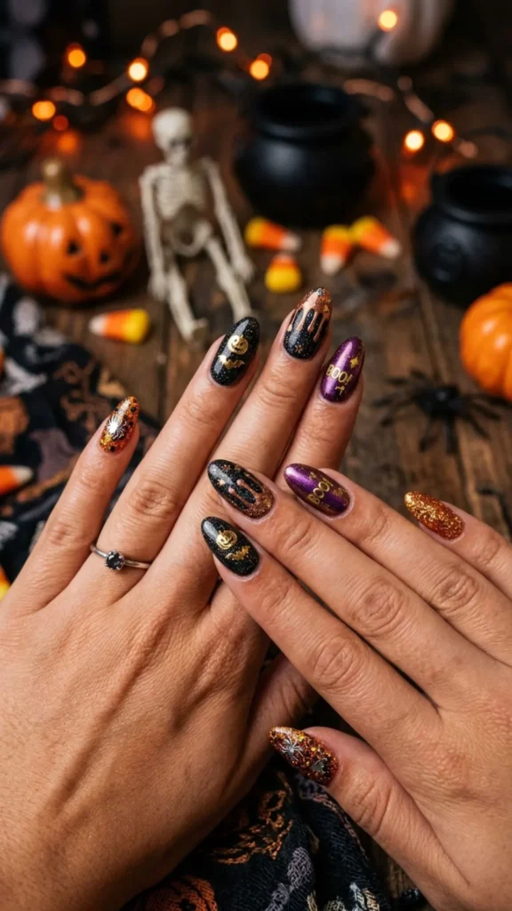 Sparkling glitter metallic Halloween nail designs