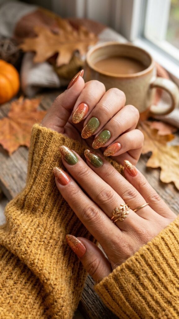 Gold glitter manicure with sparkling glamorous nail accents