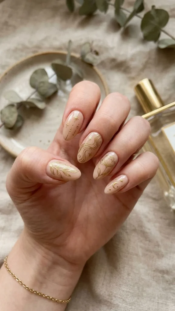 Golden line art on nude nails for an elegant and sophisticated manicure.