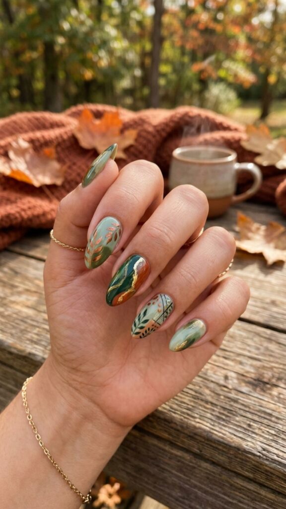  Green abstract manicure with modern artistic nail designs