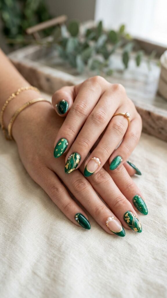  Green gold pearl nails with elegant luxurious accents