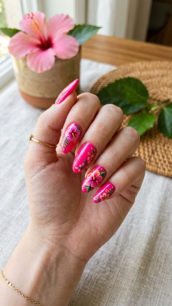 Hot pink hibiscus nails with tropical floral accents