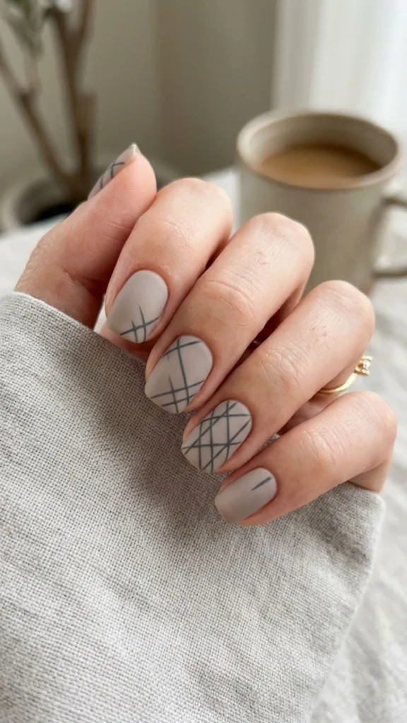 Matte minimalist criss-cross nail design for a stylish and modern manicure.