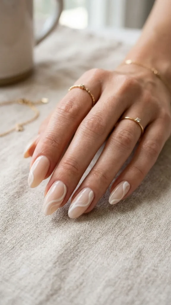 Milky nude nails with soft white swirls for a clean and elegant manicure.