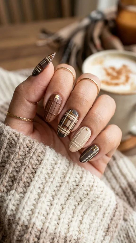 Mocha plaid nails with textured line details for a chic modern manicure.