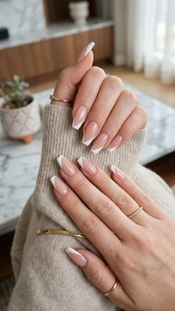 Modern angled white French tip nails for a chic and elegant manicure.