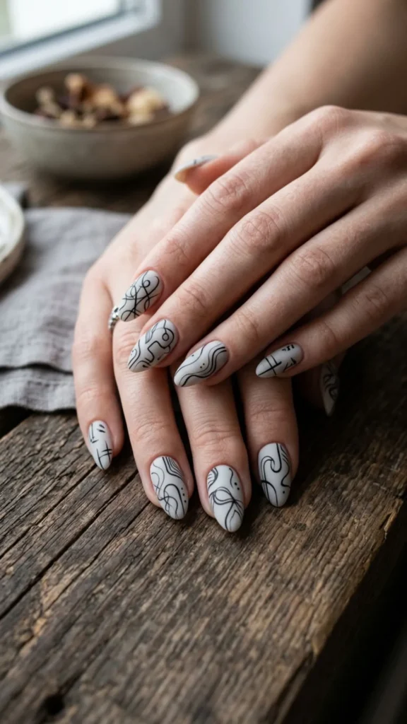 Monochrome abstract line art nails for a sleek minimalist and modern manicure.