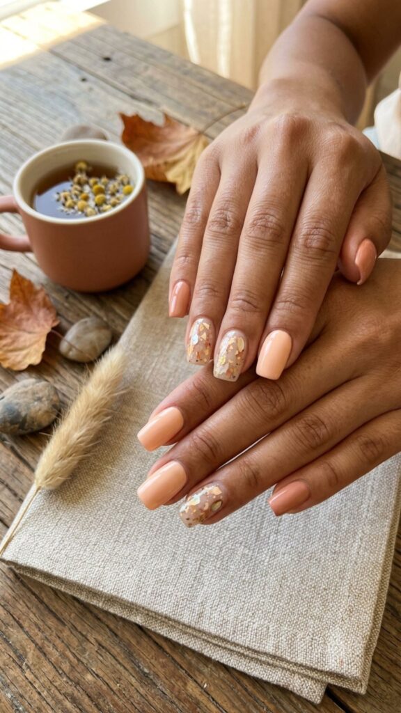  Peach shell nails with a soft glossy coastal finish