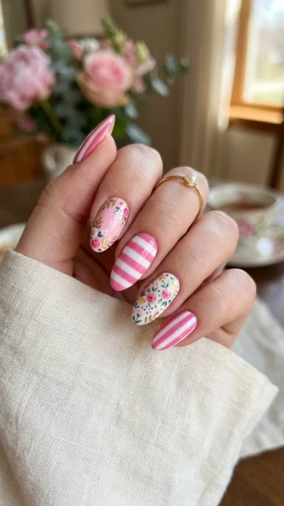 Pink candy stripe nails with delicate floral accents for a playful manicure.