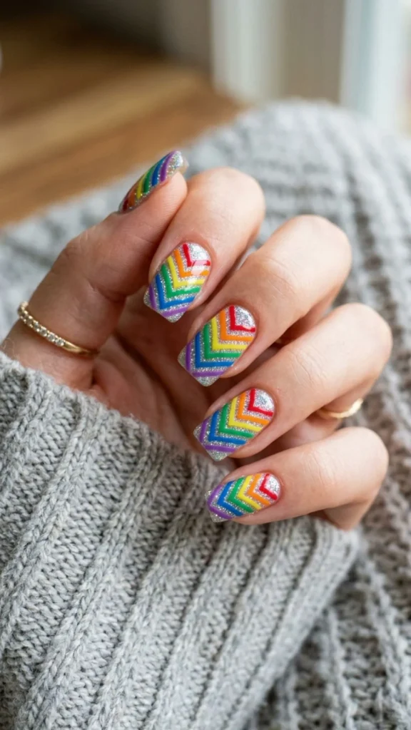 Rainbow chevron stripe nails with glitter accents for a colorful trendy manicure.