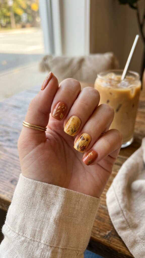 Short fall nails with stylish seasonal colors and design