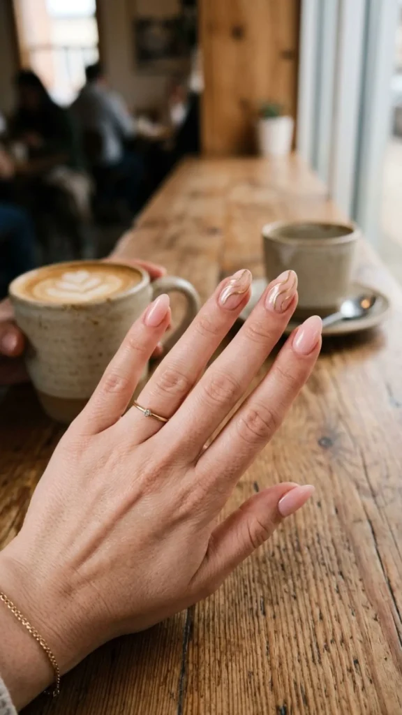 Soft pink nails with subtle gold wave accents for an elegant manicure.