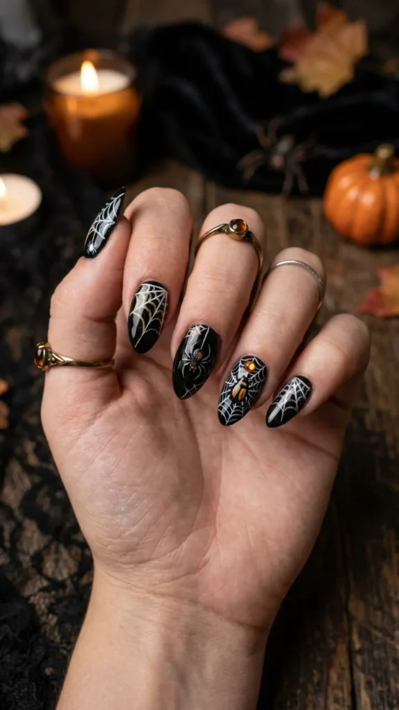Spider web insect Halloween nail art designs