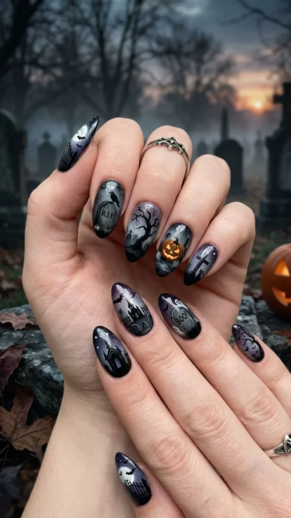 Spooky cemetery graveyard Halloween nail art designs