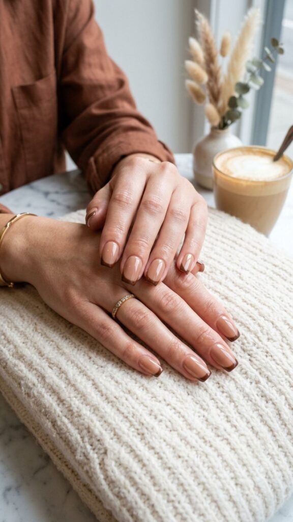 Squoval brown French nails with a chic fall finish