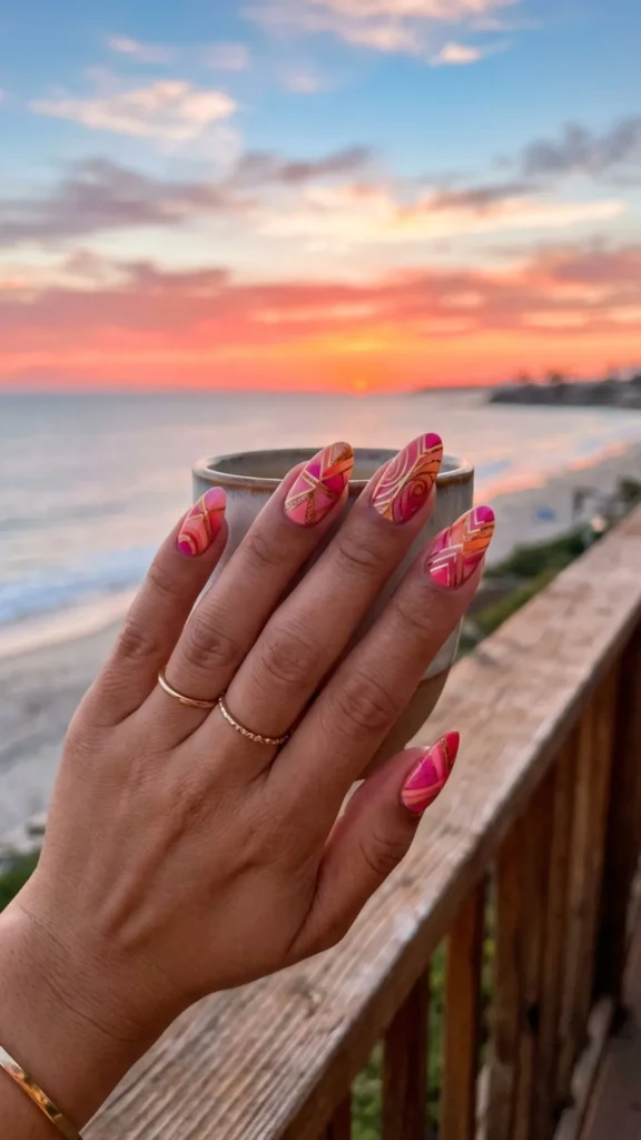 Pink and orange sunset swirl nails for a vibrant and trendy manicure.