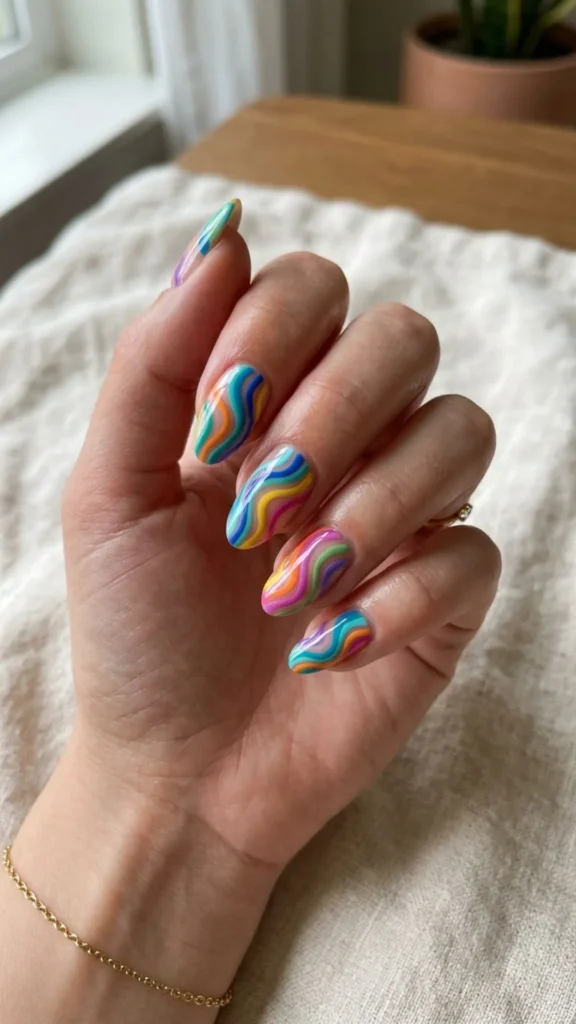 Wavy multicolor nail art on natural nails for a vibrant and artistic manicure.
