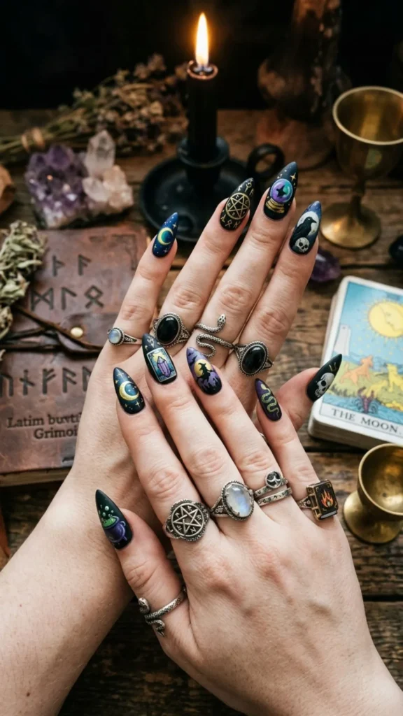 Witchy mystical moon star Halloween nail designs